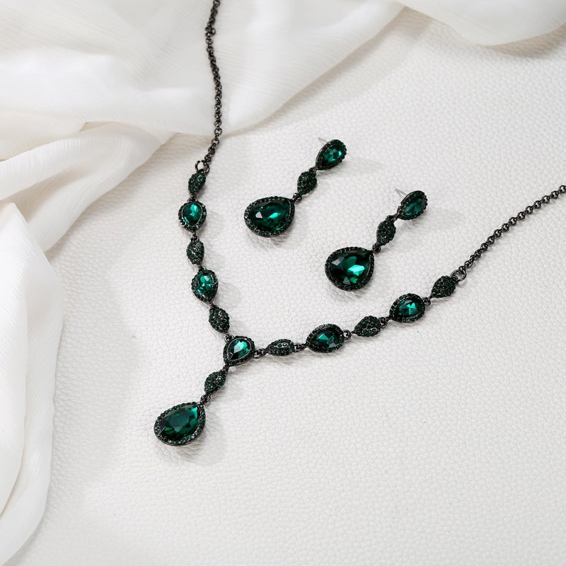 EleQueen Women's Cubic Zirconia Teardrop Y-Necklaces Dangle Earrings Sets for Brides Bridesmaids Green Black-Tone - Image 3